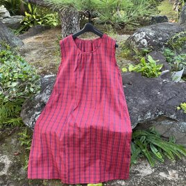 着物リメイク☆419大島紬脇タックワンピース／サイズ L 着物リメイク】大島紬のタックワンピース/前開き/Aライン