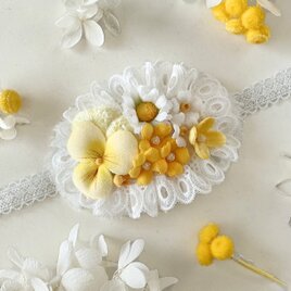 ドール用レースと染め花のスモールヘッドドレス(MLフリー・ビオラ・イエロー)の画像