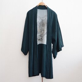 羽織 メンズ 昭和後期 緑色 風景画 羽裏 ジャパンヴィンテージ 着物 ジャケット