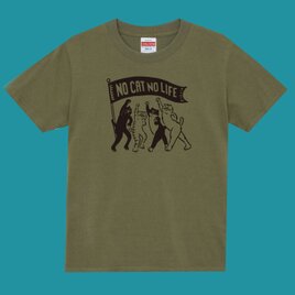 男女兼用　NO CAT NO LIFE Tシャツ オリーブに黒プリント
