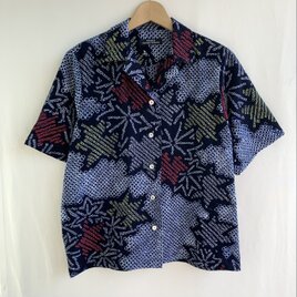 め0731着物リメイク柿渋染め古布木綿藤イタリアンカラーアロハシャツハンドメイド め0731着物リメイク柿渋染め古布木綿藤イタリアンカラーアロハ
