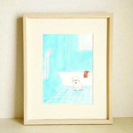 犬の絵｜原画「シャワーの日」 ※木製額縁入り（インチサイズ）