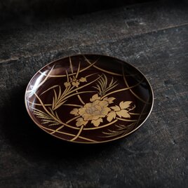 芍薬と菖蒲◆漆芸蒔絵中皿　古漆器　骨董/antiques 古民家　古道具　時代物　明治時代　