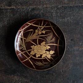 芍薬と菖蒲◆時代物　漆芸蒔絵中皿　古漆器　骨董/antiques 古民家　古道具　時代物　明治時代【スレ傷多め】