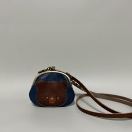 国産牛革✖️姫路レザーminiがま口ポシェット◆ネイビー　くまちゃん　革財布　サコッシュ　