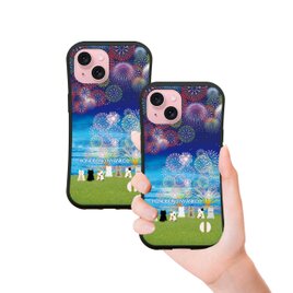 グリップケース iPhoneケース【ほのぼのにゃんこ（花火Ⅱ）花火大会】（名入れ可）