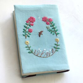 手刺繍のブックカバー『百日紅』【受注制作】