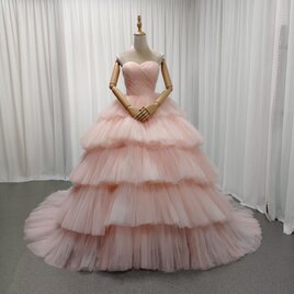 美品！カラードレス 薄ピンク ベアトップ プリーツスカート プリンセスライン 披露宴 花嫁