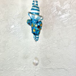 ミニサイズ　風鈴付き　サボテン形ブルー樹脂タイル付き　オブジェ　手作り　セメント　