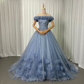 カラードレス ブルー 取り外しオフショルダー シークインチュール 花モチーフ 編み上げ 花嫁
