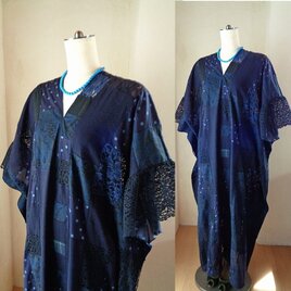 sold 絵画なパッチワーク♥レース♥凛とした大人の♥ドレープワンピース♥ゆったり♥マキシ丈♥ネイビー