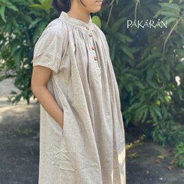 ゆったりギャザーワンピース たっぷり幅で体型カバー 優しいヘンプ100％生地の半袖ロング丈ワンピ