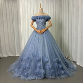 カラードレス ブルーグレー オフショルダー キラキラドレス バラトレーン 編み上げ リボン 結婚式 花嫁