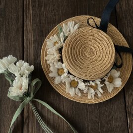 ドール用ドライ風マムのカンカン帽と花束のセット(内径約5.5cm)