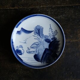 鍋の具材を盛り付けたくなる◆山水楼閣風景の絵。瀬戸焼　染付中皿　骨董・antiques 大正~昭和初期