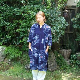 浴衣リメイク 流水に紅葉と牡丹のスタンドカラーワンピース