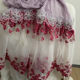 ハンドメイドWガーゼストールくすみパープル花チュールレースピンク