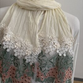 ハンドメイドWガーゼストールパウダーイエロー花チュールレースピンク