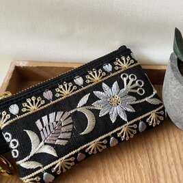 両面インド刺繍ポーチ　10cm  フェイクレザー　カラビナ
