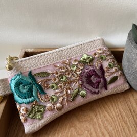 両面インド刺繍ポーチ　10cm  フェイクレザー　カラビナ③