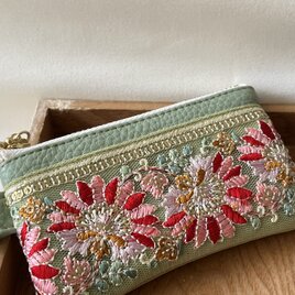 両面インド刺繍ポーチ　10cm  フェイクレザー　カラビナ④