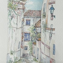 おだやかな時間( 水彩画、スペイン、グラナダ、原画、透明水彩、額付き）