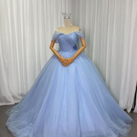 カラードレス ブルーグレー オフショルダー チュールスカート バックリボン 編み上げ 披露宴