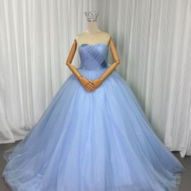 カラードレス ブルーグレー ベアトップ チュールスカート バックリボン 編み上げ 披露宴