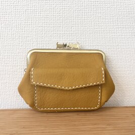 ぱかっと開くとお部屋が3つの親子がまぐち♪外ポッケが付いたダブルにゃんこ口金の四角い本革ミニ財布