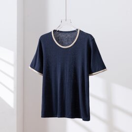 ★サンプルセール　1点のみ★コットン リネンTシャツ　半袖ニット　トップス　紺色（08）