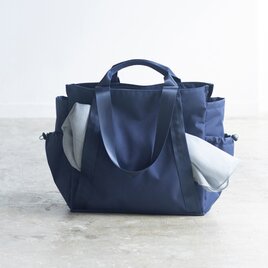 ［Lサイズ］10ポケットトートバッグ｜撥水加工ナイロン｜ファスナー付【ネイビー】A4・14インチPC｜軽量