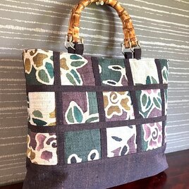 紬に麻のバティックのテープ止め手提