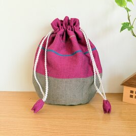 播州織のラウンド巾着袋（ピンク）
