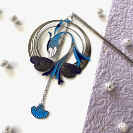 かんざし　青い魚と波模様のシルバーフィグリー　一本簪　一本挿し　夏　大きめ　ブルー　水色　アジアン