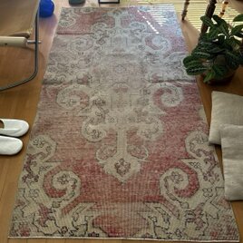 48×114 パッチワーク　リーフ赤い花　ブラウン　トルコヴィンテージラグ 48×114 パッチワーク リーフ赤い花 ブラウン トルコヴィンテージ