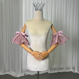パフスリーブ ピンク パール リボン ストレッチ 可愛い 結婚式/披露宴