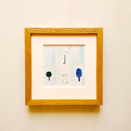 【一点物】原画「やさしい雨」 ※木製額縁入り（18㎝角）・水彩・イラスト・ドローイング・送料無料