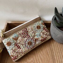 両面インド刺繍ポーチ　10cm  フェイクレザー　カラビナ⑤