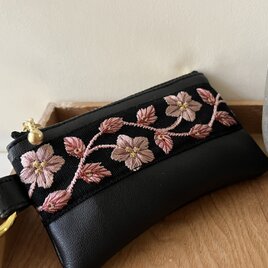 両面インド刺繍ポーチ　10cm  フェイクレザー　カラビナ⑦