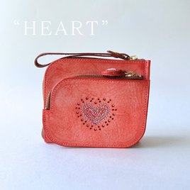 イタリアンレザー × 刺繍革財布『HEART』アラスカRED（牛革）コンパクト型