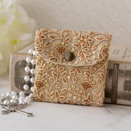 ロザリオケース【インド刺繍リボン/ゴールドブラウン】ジュエリーポーチ