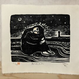 「夜のおとをきく」手摺り木版画シート作品