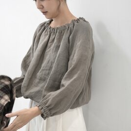 上質リネン100％ グレージュ❤︎ゴムブラウジング長袖トップス　No.371
