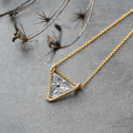 ハンドメイド作家作✧カスケードフラワー金細工 14K刻印 ネックレス＆ピアス新品 14kgf｜ヴィンテージガラスの透明な花ネックレス［Aスクエア