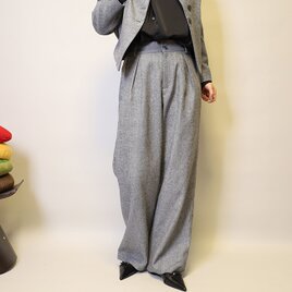 麻リネン100％ワイドタックストレートパンツ（ネイビー