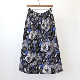 【即納】ノルディック調フラワー　綿麻ギャザースカート（ブルー フラワー）総丈75cm、Sサイズ　リネン 麻 青