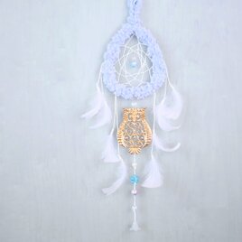 ドリームキャッチャー　フクロウ　ブルー　モコモコ　羽根　ハート　花　吊り飾り　インテリア