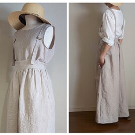 フレンチリネン ギャザーサロペットパンツ＿グレージュ