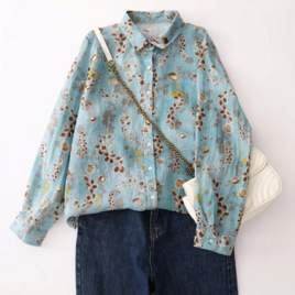 ブラウス、トップス、リネンコットン、春秋 、夏、長袖、プリント