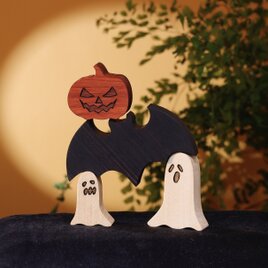 《new！》ハロウィン　オブジェ　飾り　こうもり　かぼちゃ　おばけ　木製　無垢材
